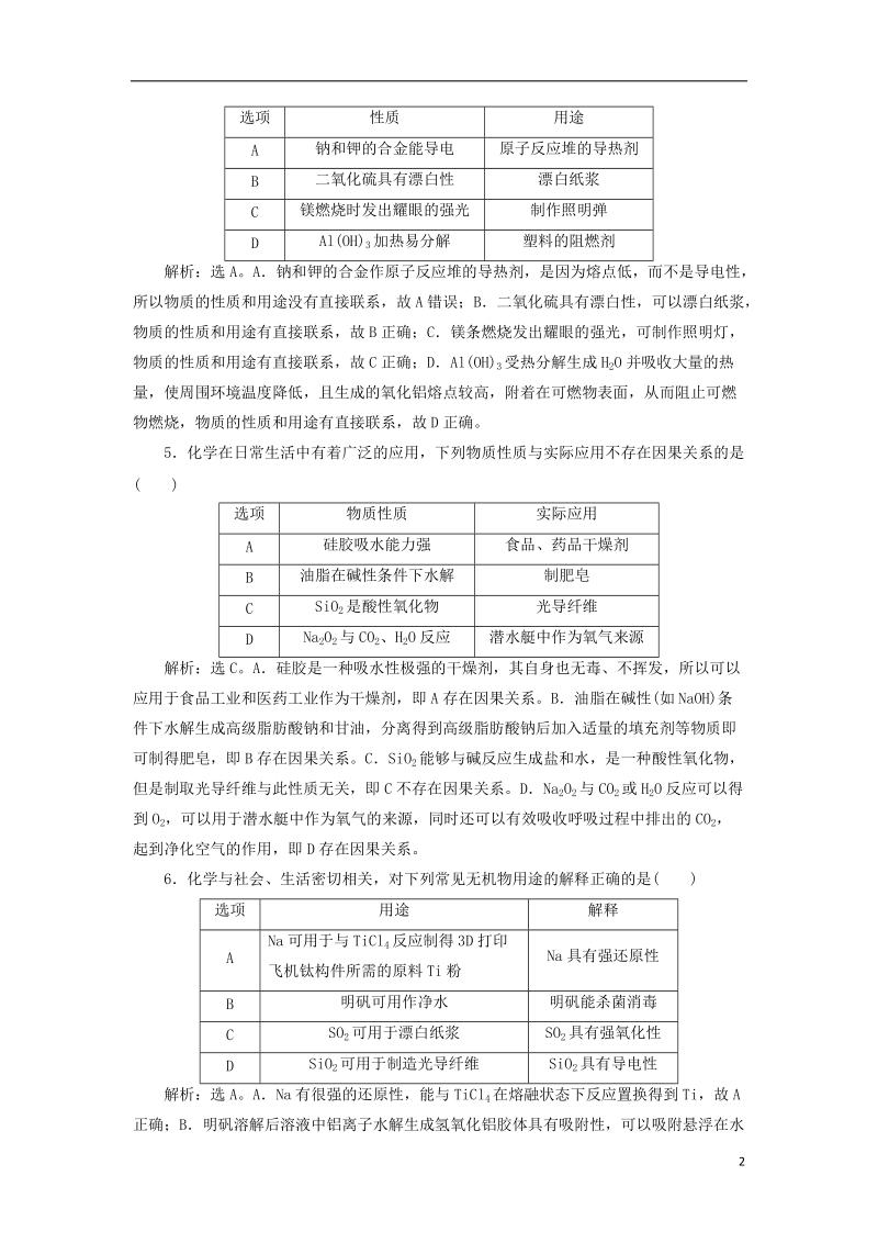 2019版高考化学总复习 第4章 非金属及其重要化合物 微专题强化突破7 常见无机物的重要性质与主要应用之间的关系专题集训 新人教版.doc_第2页