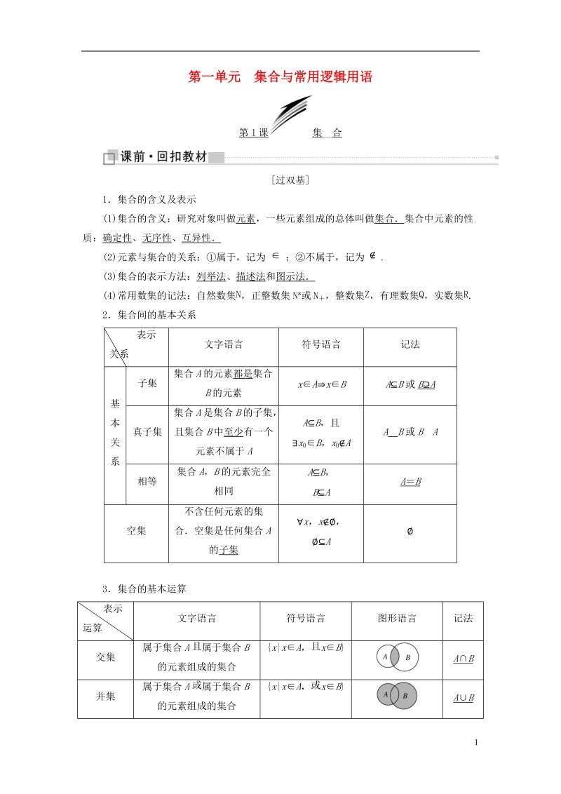 （全国通用版）2019版高考数学一轮复习 第一单元 集合与常用逻辑用语学案 文.doc_第1页