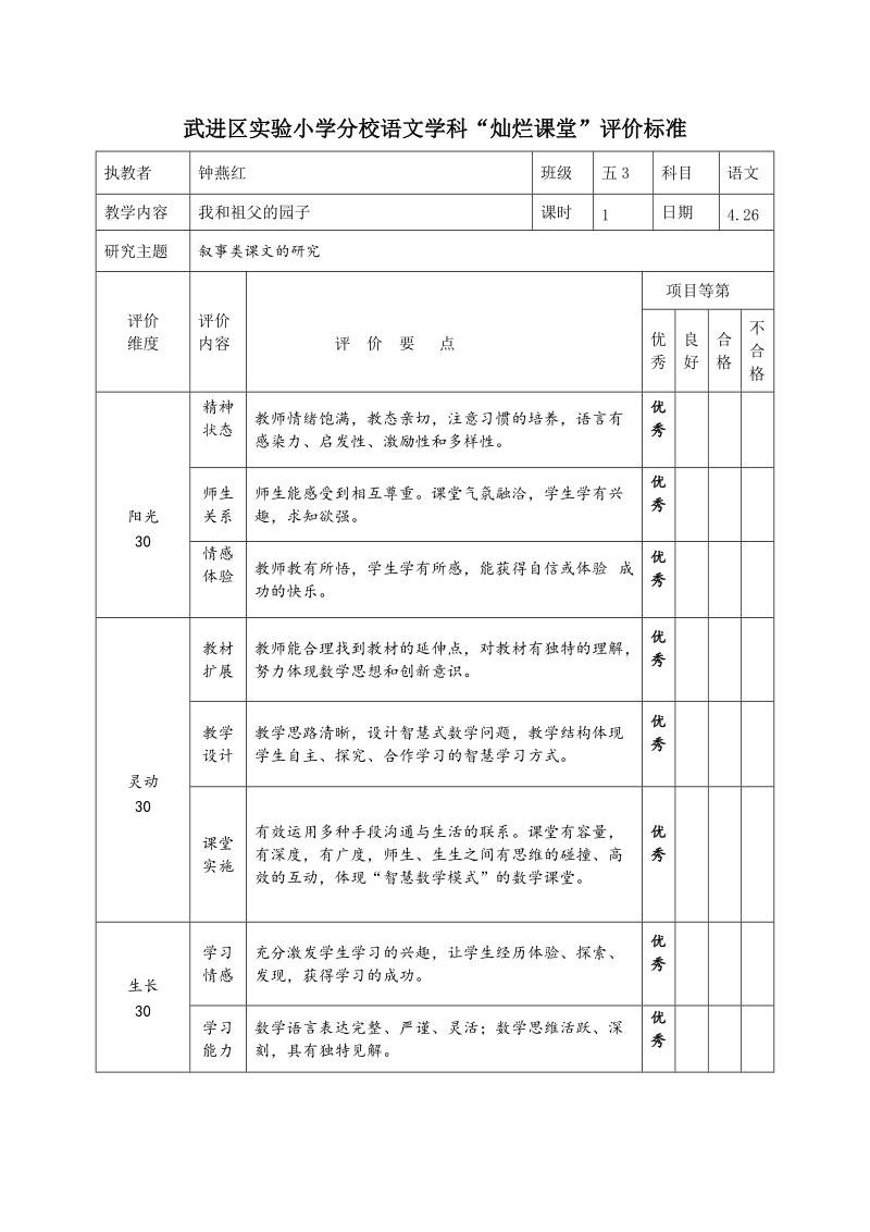 武进区小学分校语文学科灿烂课堂评价标准.doc_第1页