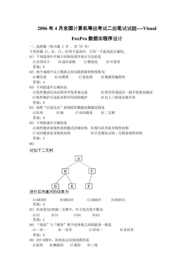 2006年4月全国计算机等级考试二级笔试试题----visual foxpro数据库程序设计.doc_第1页