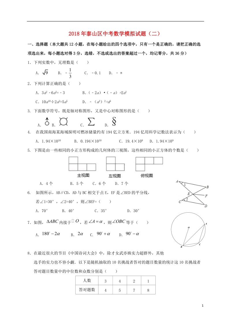 山东省泰安市泰山区2018年中考数学模拟试题220180525299.doc_第1页