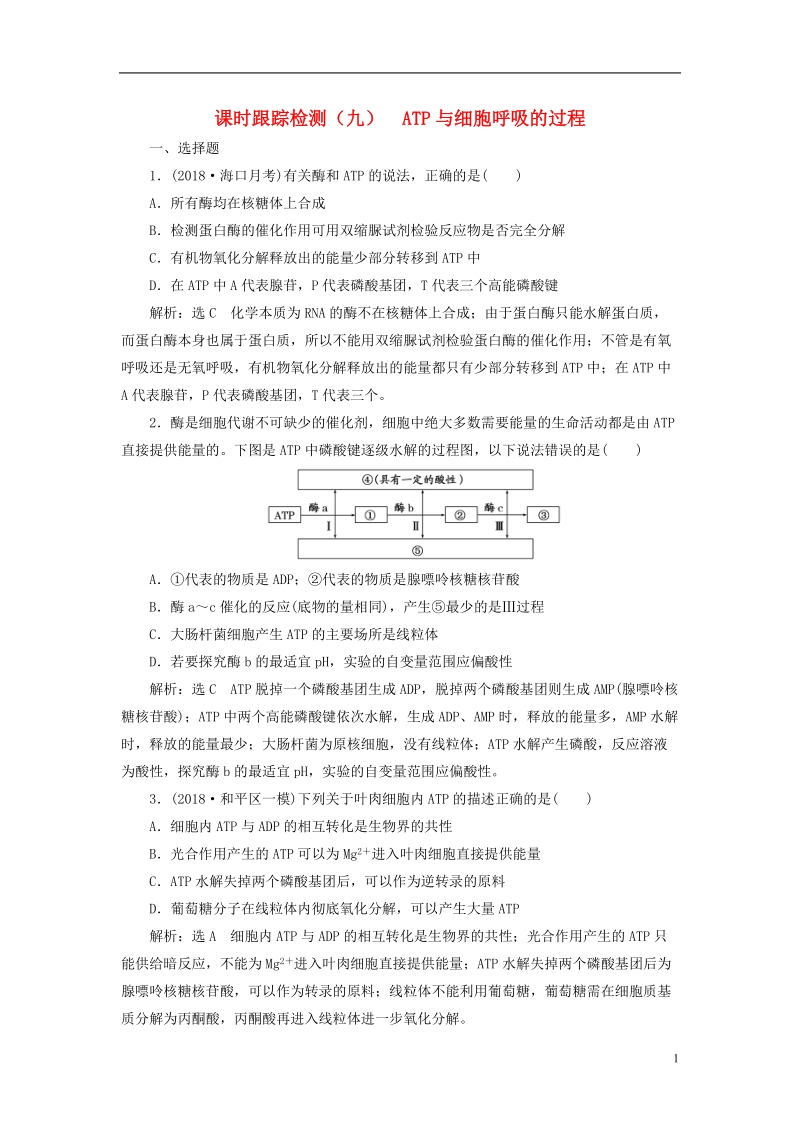 （全国通用版）2019版高考生物一轮复习 第一部分 分子与细胞 第三单元 细胞的能量供应和利用 课时跟踪检测（九）atp与细胞呼吸的过程.doc_第1页