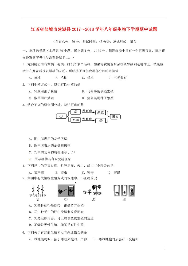 江苏省盐城市建湖县2017_2018学年八年级生物下学期期中试题无答案苏科版.doc_第1页