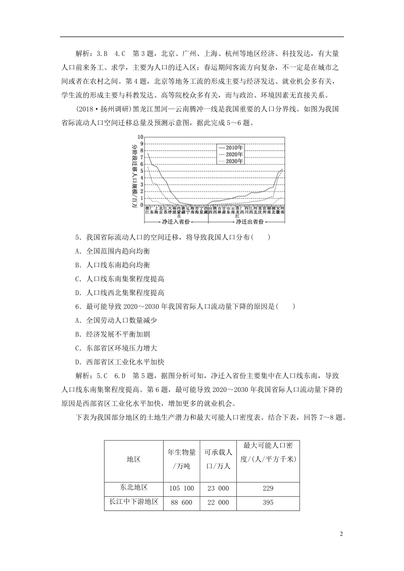 江苏专版2019版高考地理大一轮复习第二部分第一单元人口与地理环境课时跟踪检测二十一人口迁移与人口合理容量.doc_第2页