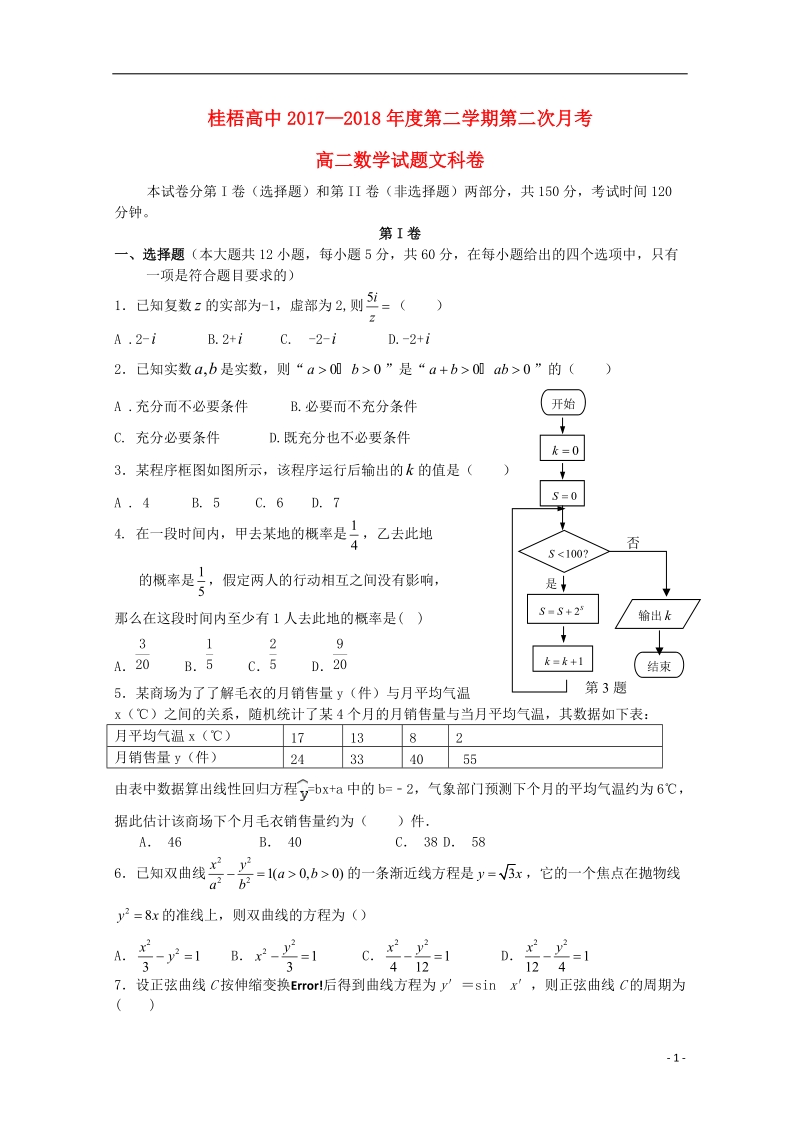 广西桂梧高中2017_2018学年高二数学下学期第二次月考试题文.doc_第1页