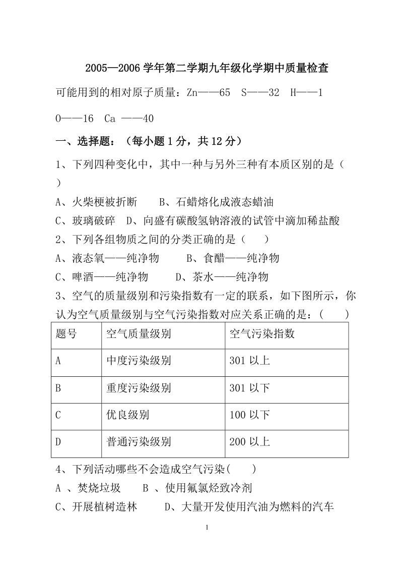 2005—2006学年第二学期九年级化学期中质量检查.doc_第1页