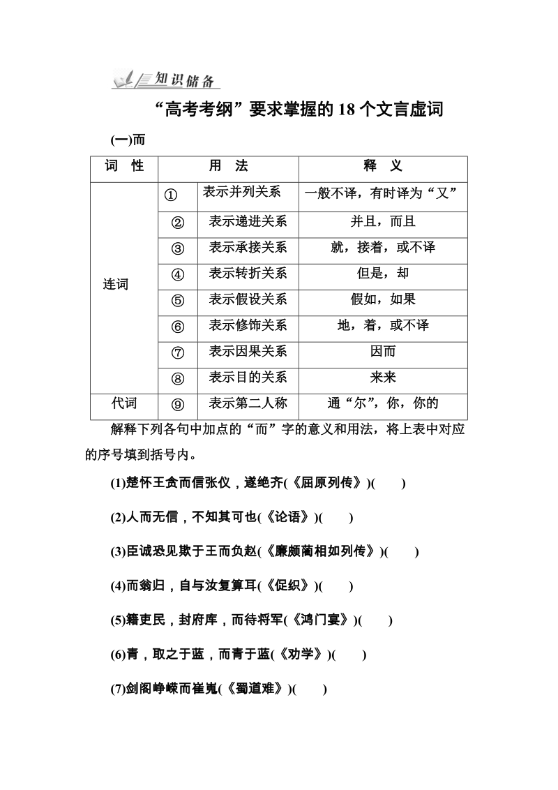 知识储备“高考考纲”要求掌握的18个文言虚词.doc_第1页