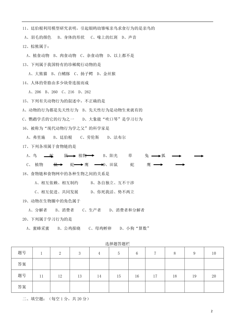 安徽省濉溪县孙疃中心学校2017_2018学年八年级生物上学期期中试题无答案北师大版.doc_第2页