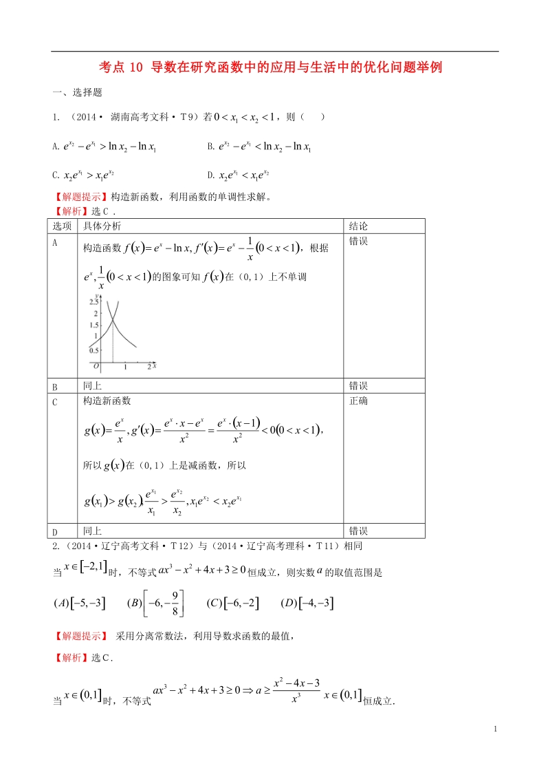 考点10 导数在研究函数中的应用与生活中的优化问题举例精华版.doc_第1页