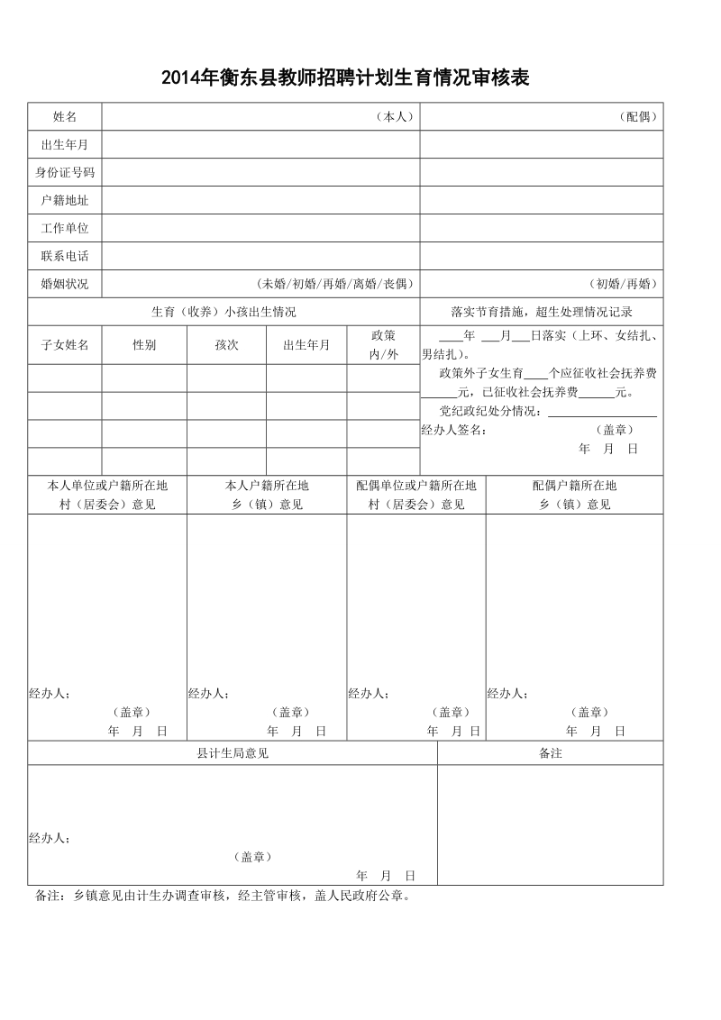 2014年衡东县教师招聘计划生育情况审核表.doc_第1页