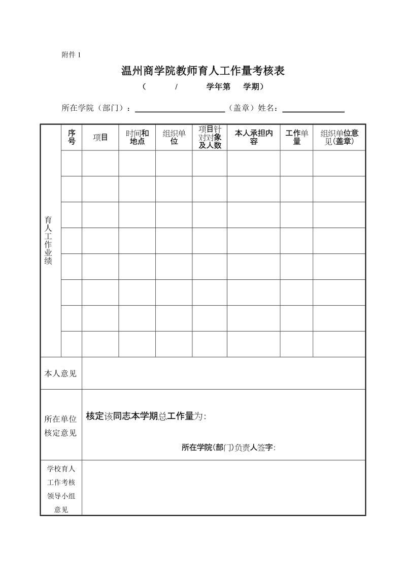 温州大学城市学院教师育人工作量考核表.doc_第1页