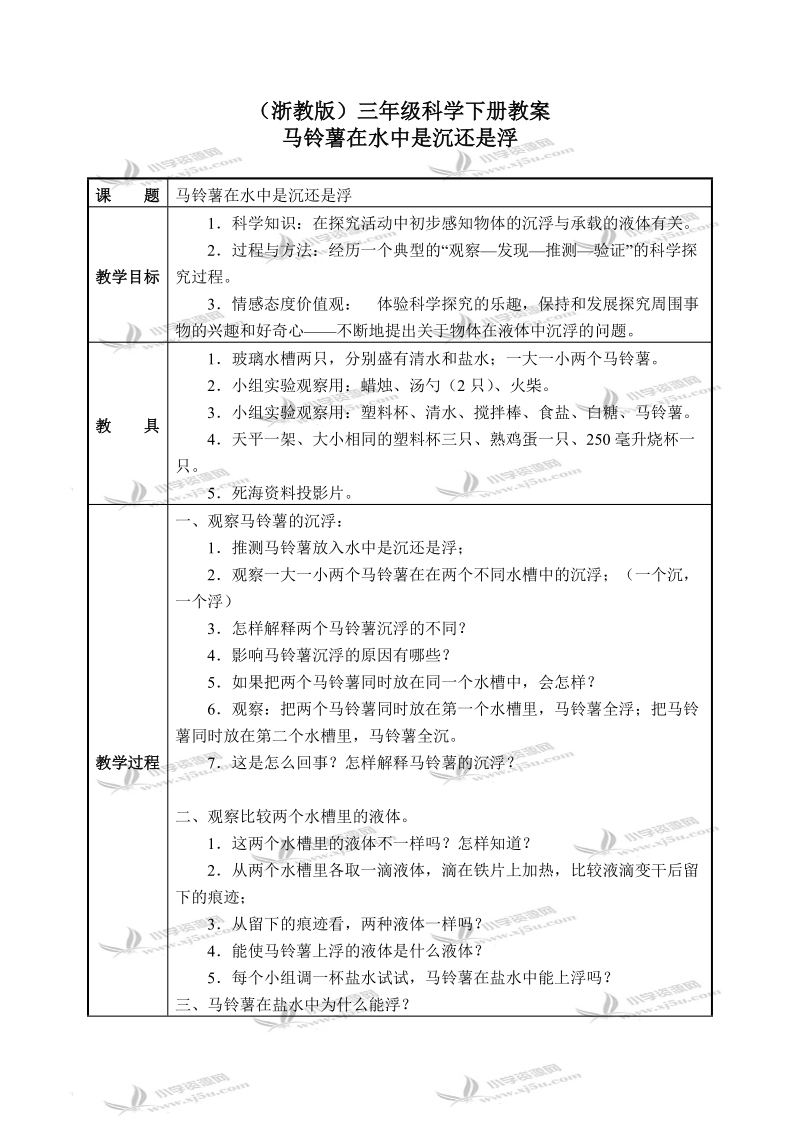 （浙教版）三年级科学下册教案 马铃薯在水中是沉还是浮 2.doc_第1页