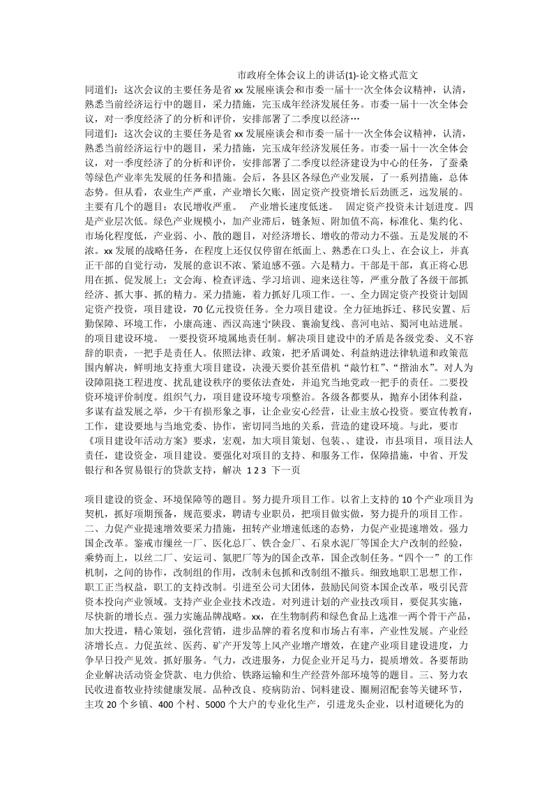 市政府全体会议上的讲话（一）-论文格式范文.doc_第1页