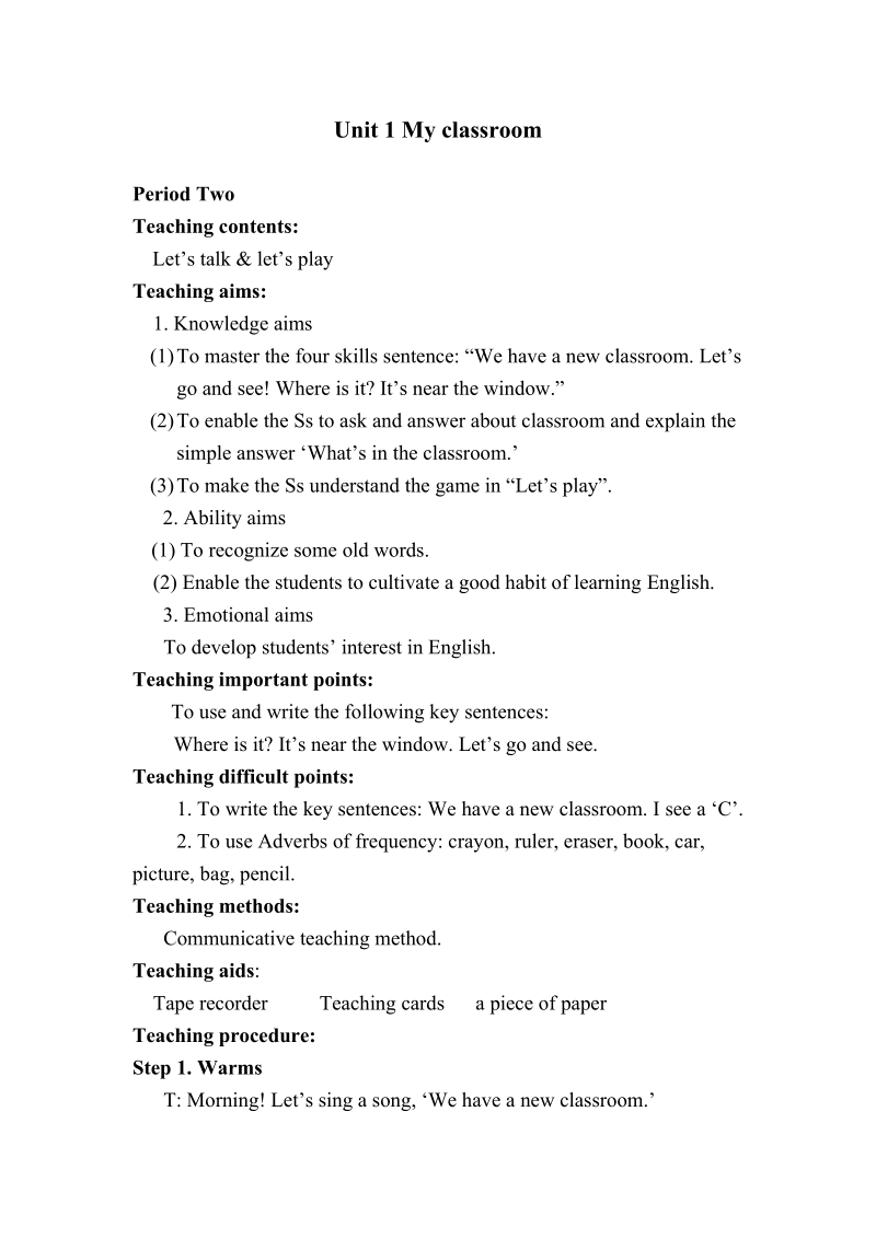 unit 1 my classroomlet’s talklet’s play 教案设计.doc_第1页