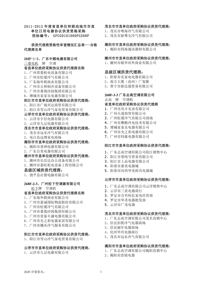 2011-2012年度省直单位和联动地市市直单位日用电器协议供.doc_第1页