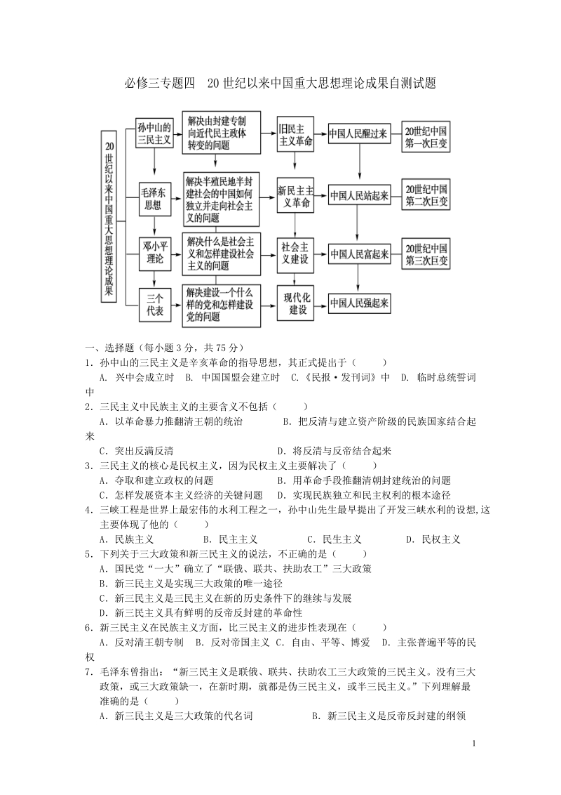 必修三专题四 20世纪以来中国重大思想理论成果自测试题.doc_第1页