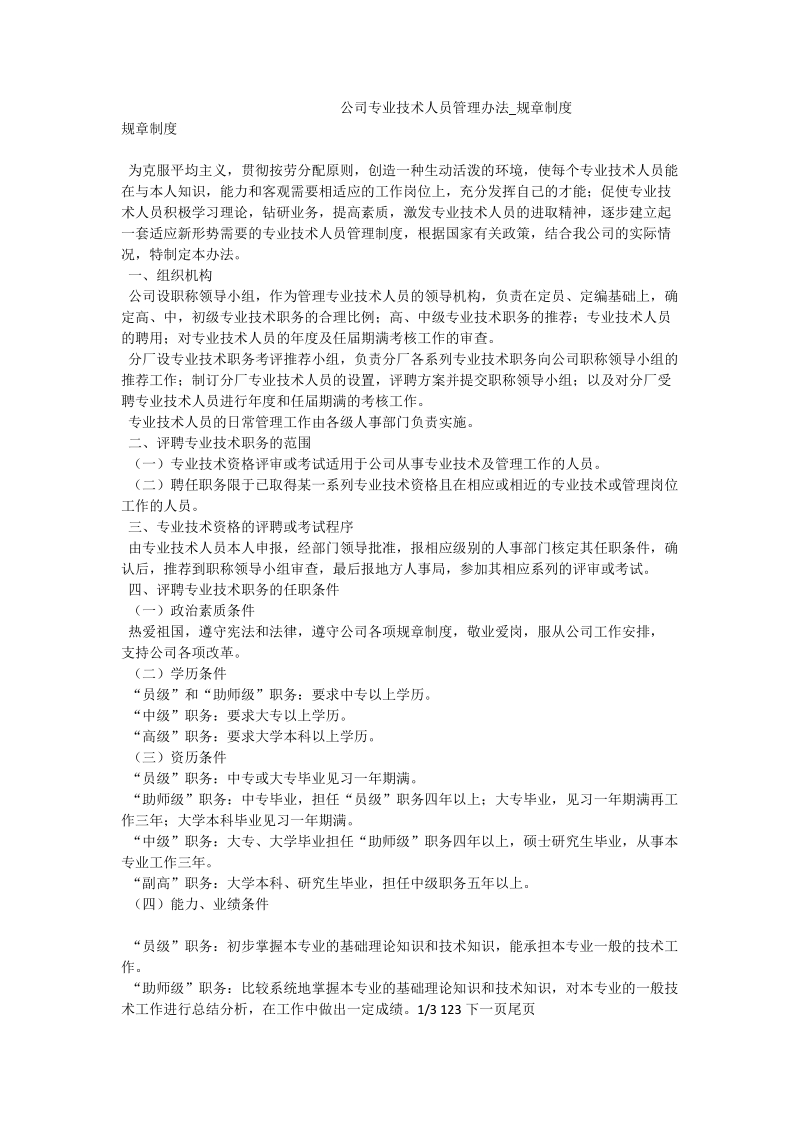 公司专业技术人员管理办法_规章制度.doc_第1页