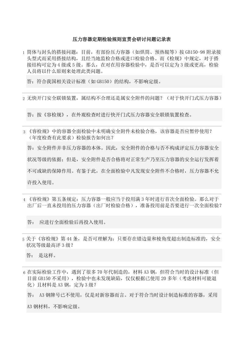 压力容器定期检验规则宣贯会研讨问题记录表.doc_第1页