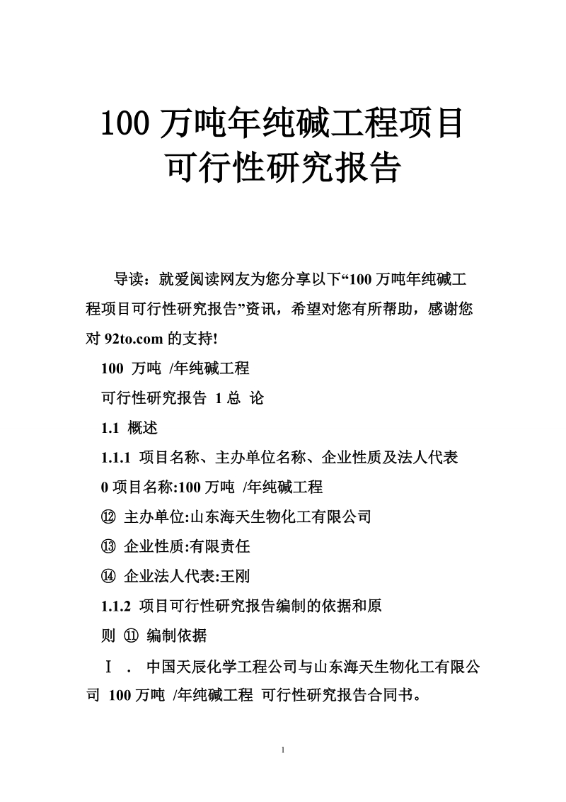 100万吨年纯碱工程项目可行性研究报告.doc_第1页