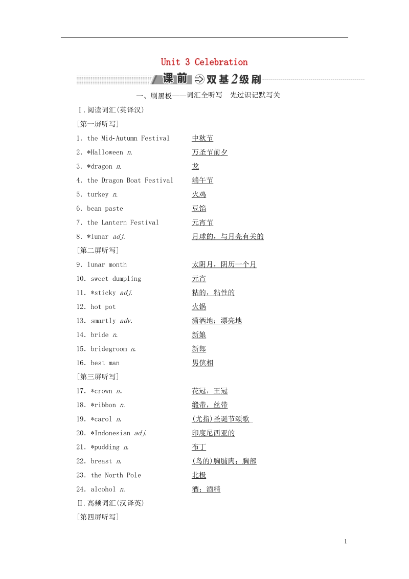 2018-2019学年高考英语一轮复习 unit 3 celebration讲义 北师大版必修1.doc_第1页