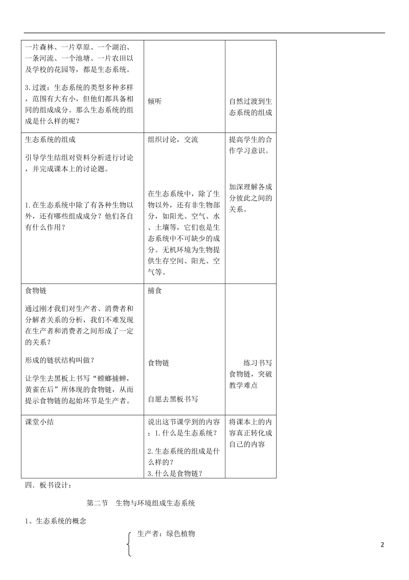 2018年七年级生物上册 第1单元 第2章 第2节 生物与环境组成生态系统教案 （新版）新人教版.doc_第2页