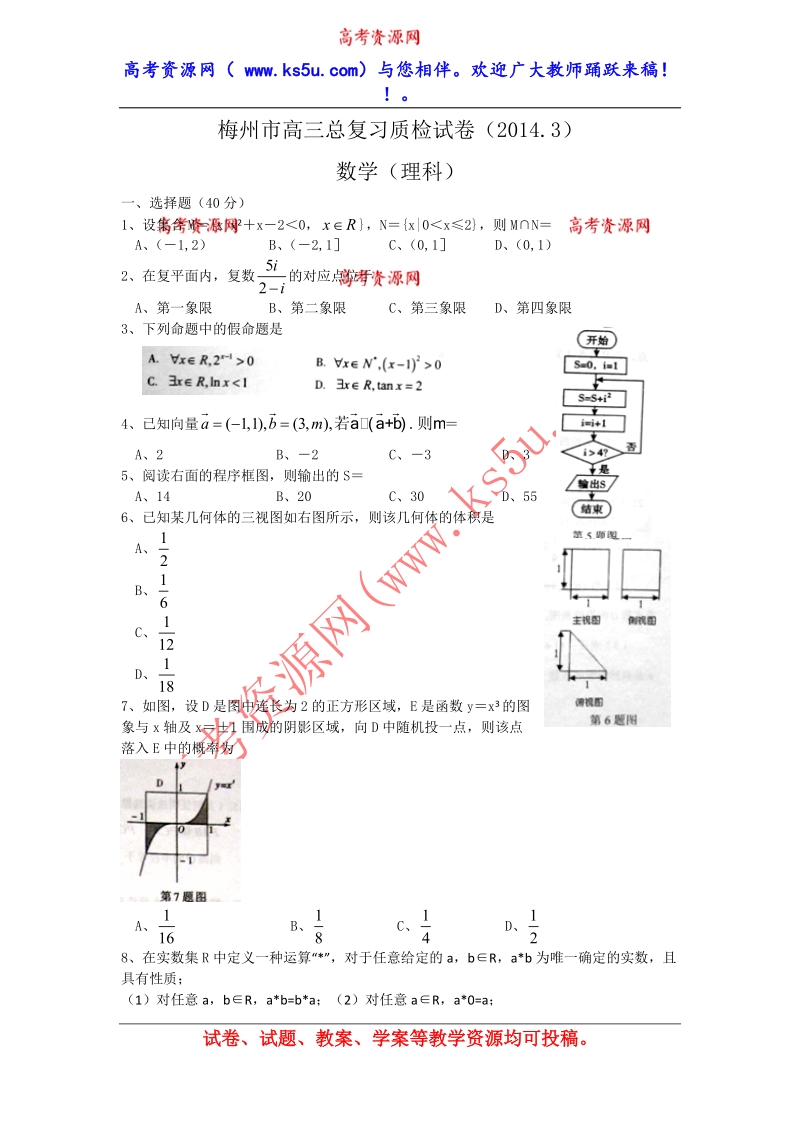 【广东省各市一模2014梅州一模】广东省梅州市2014届高三总复习质检数学理试卷 word版含答案（wwwks5ucom 2014高考）.doc_第1页