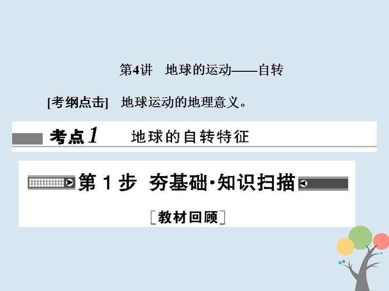 2018届高考地理总复习 第一章 行星地球 1-1-4 地球的运动——自转课件 新人教版.ppt_第1页