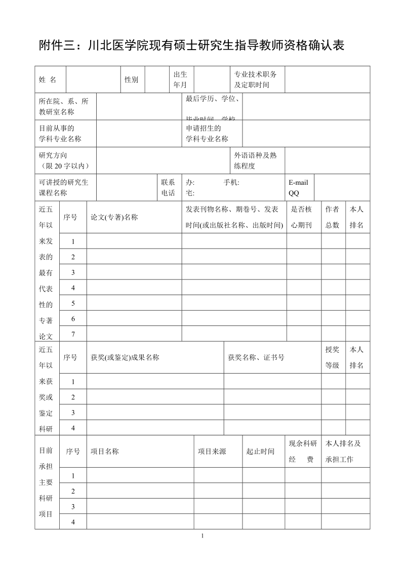 附件二：川北医学院硕士研究生指导教师资格申请表.doc_第1页