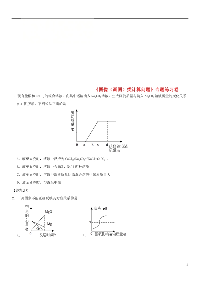 2018年中考化学《图像（画图）类计算问题》专题练习卷.doc_第1页