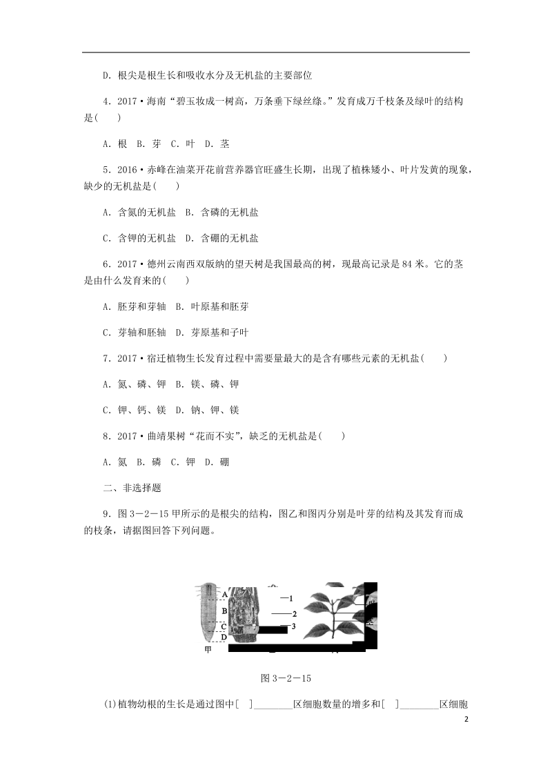 2018年七年级生物上册 第三单元 第二章 第二节 植株的生长练习 （新版）新人教版.doc_第2页