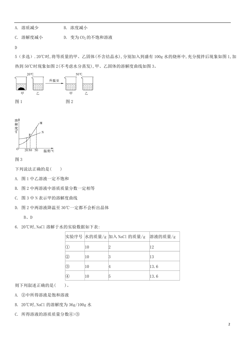 2018年中考化学 易错知识点强化 水 溶液练习卷 新人教版.doc_第2页