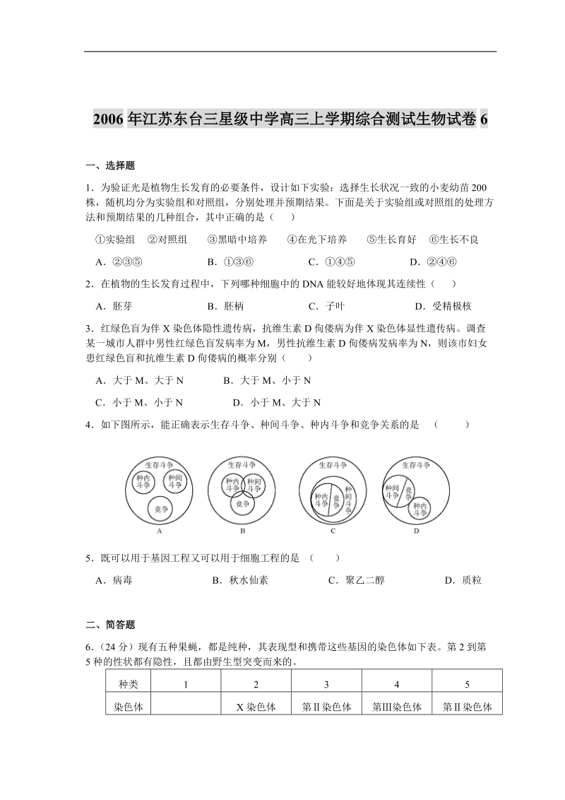 2006年江苏东台三星级中学高三上学期综合测试生物试卷6.doc_第1页