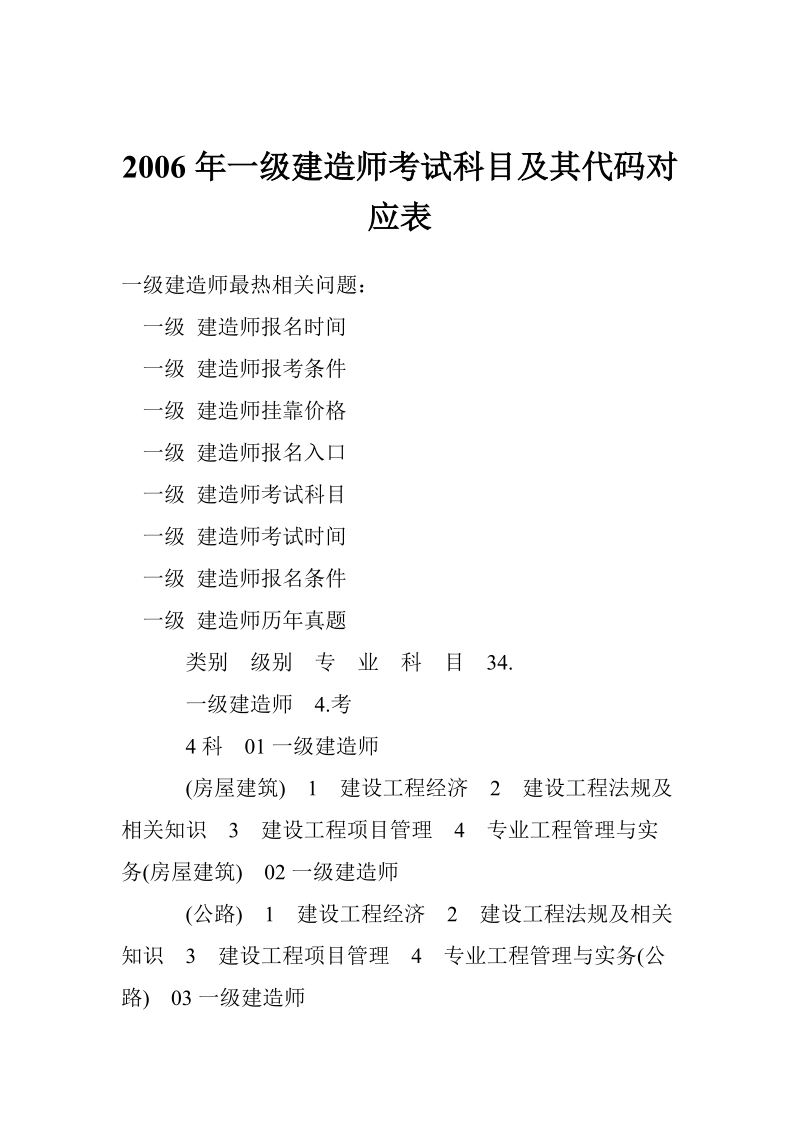 2006年一级建造师考试科目及其代码对应表_0.doc_第1页