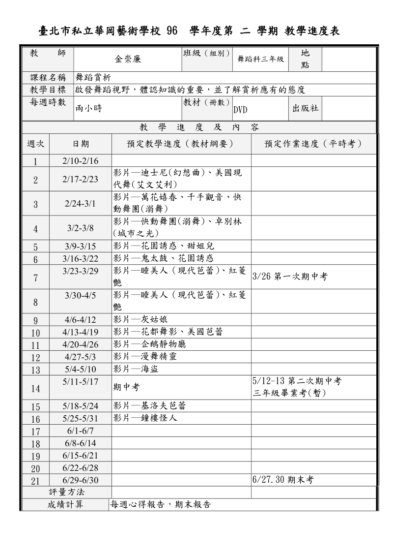 96下舞三舞蹈赏析进度表-台北巿华冈艺术学校.doc_第1页