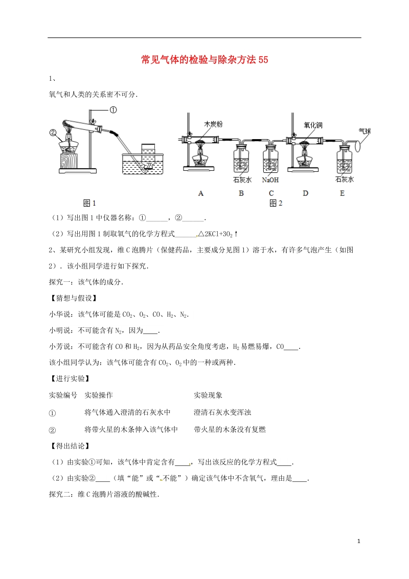 吉林省吉林市中考化学复习练习 常见气体的检验与除杂方法55（无答案） 新人教版.doc_第1页