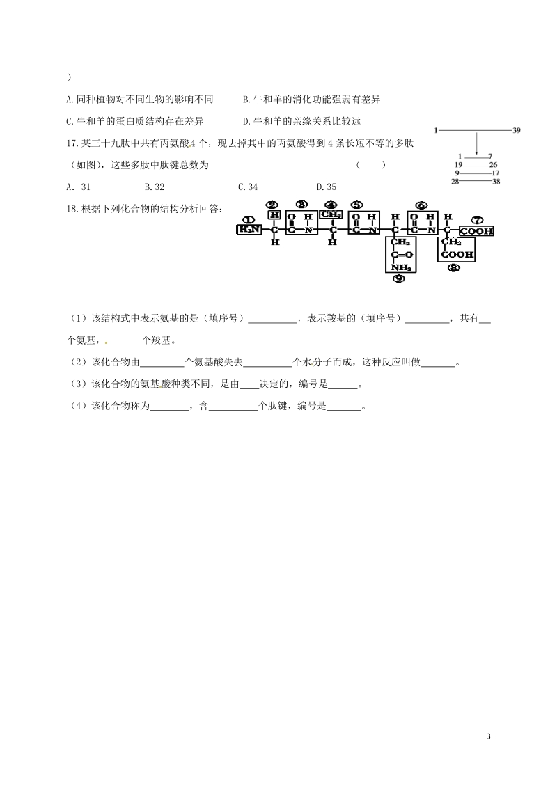 山西省忻州市高中生物 第二章 组成细胞的分子 第二节 生命活动的主要承担者——蛋白质课时测练 新人教版必修1.doc_第3页