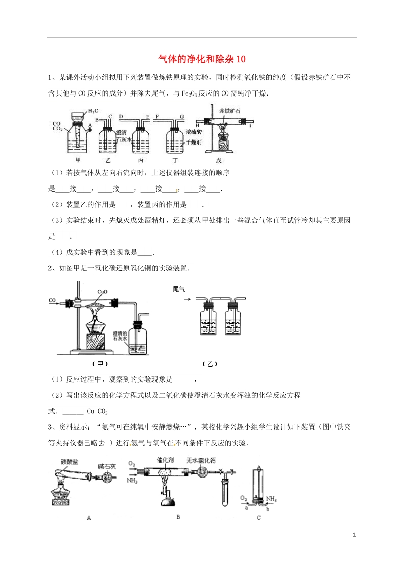 吉林省吉林市中考化学复习练习 气体的净化和除杂10（无答案） 新人教版.doc_第1页