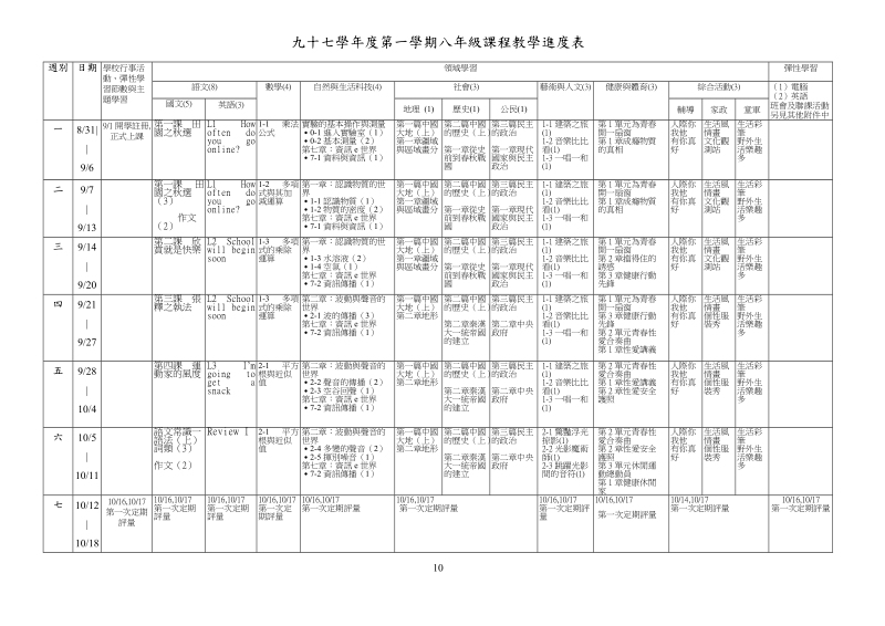 九十七学年度第一学期八年级课程教学进度表.doc_第1页