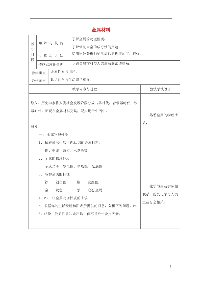 吉林省长春市双阳区九年级化学下册 第8单元 金属和金属材料 8.1 金属材料教学案（无答案）（新版）新人教版.doc_第1页