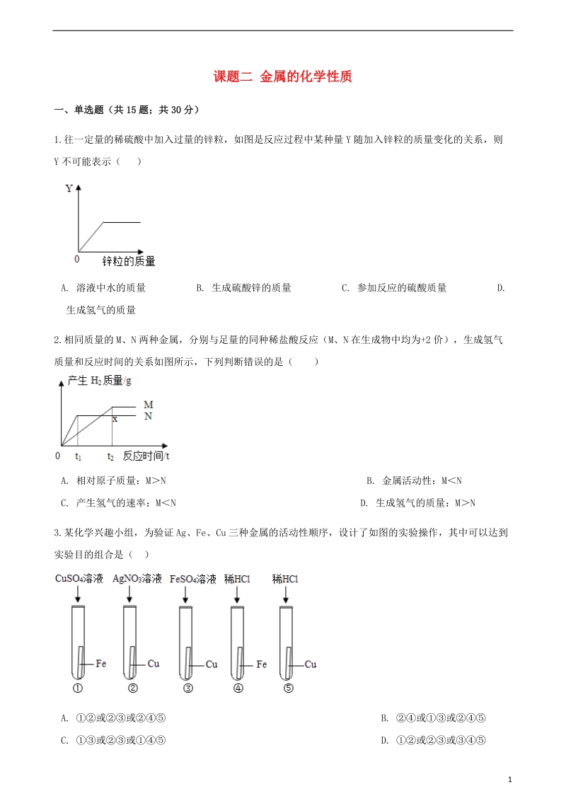 2017_2018学年九年级化学下册第八单元金属和金属材料课题二金属的化学性质同步测试新版新人教版.doc_第1页