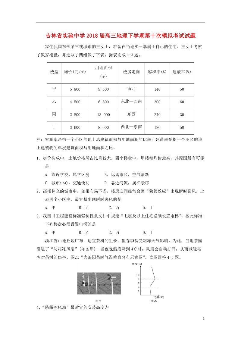 吉林省实验中学2018届高三地理下学期第十次模拟考试试题.doc_第1页