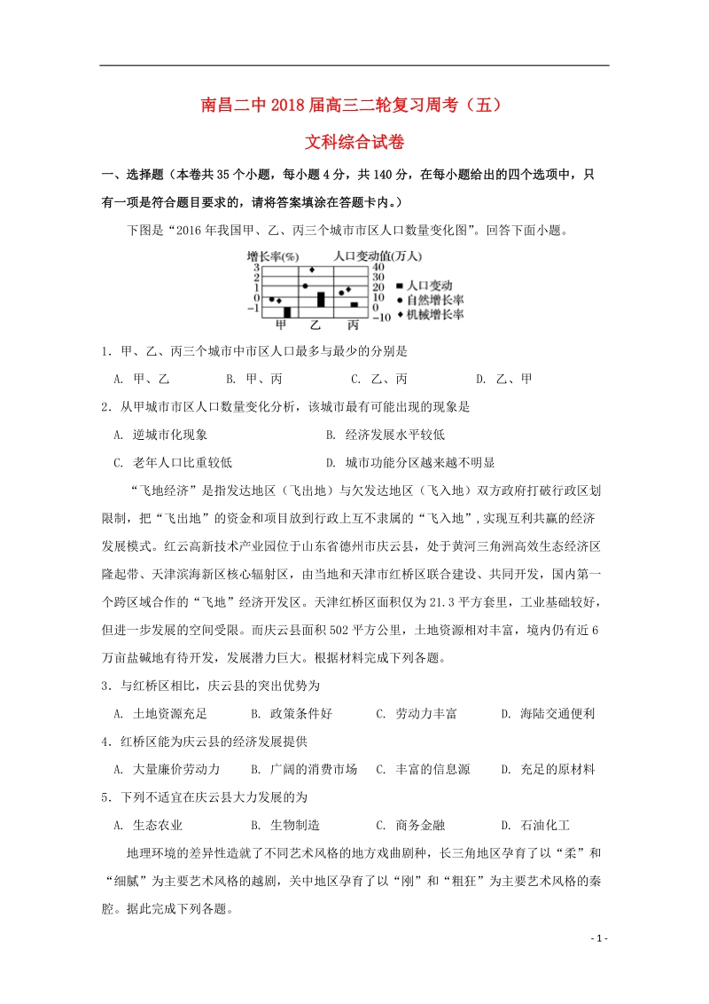 江西省南昌市第二中学2018届高三地理下学期周考试题五.doc_第1页