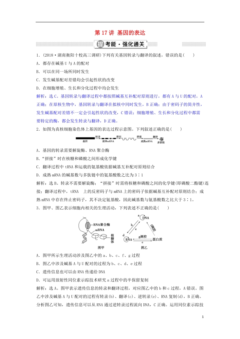 2019届高考生物总复习 第五单元 遗传的物质基础 第17讲 基因的表达提考能强化通关 新人教版.doc_第1页