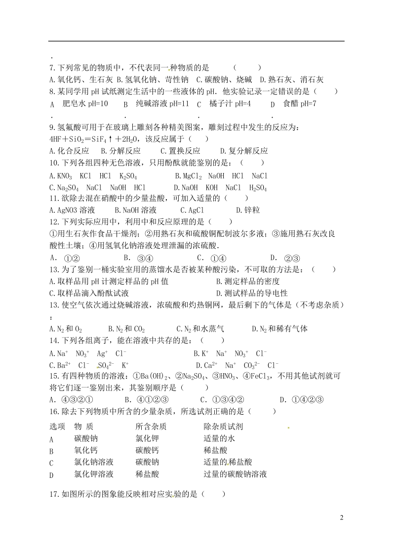 江苏省宿迁市泗洪县九年级化学练习42 第七单元 综合测试（三）（无答案）.doc_第2页