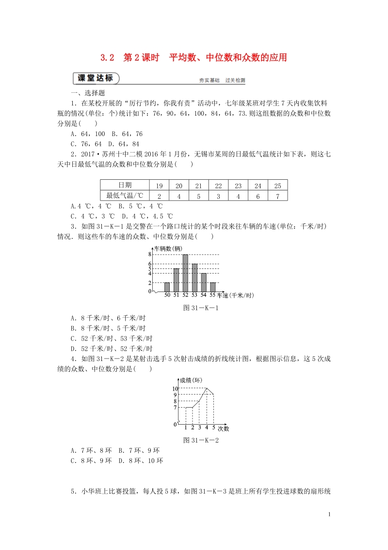 2018年秋九年级数学上册第3章数据的集中趋势和离散程度3.2中位数与众数第2课时平均数中位数和众数的应用练习1新版苏科版.doc_第1页