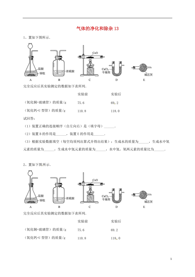 吉林省吉林市中考化学复习练习 气体的净化和除杂13（无答案） 新人教版.doc_第1页