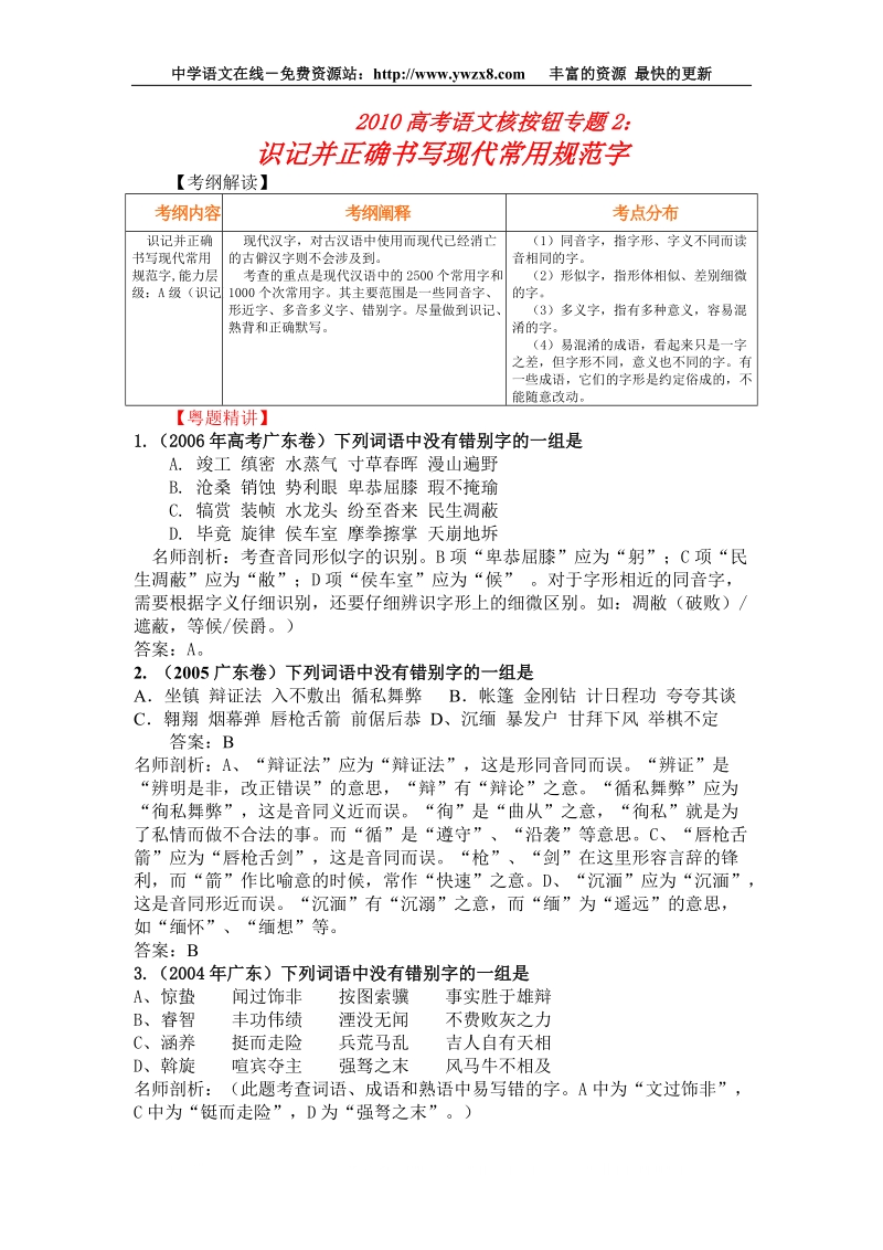 2010届高考语文核按钮专题 2 ：识记并正确书写现代常用规范字.doc_第1页