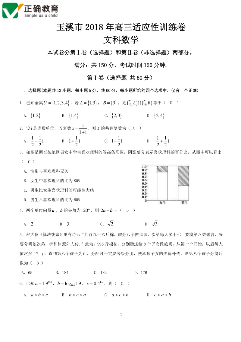 云南省玉溪市2018届高三数学适应性训练试题 文（pdf）.pdf_第1页