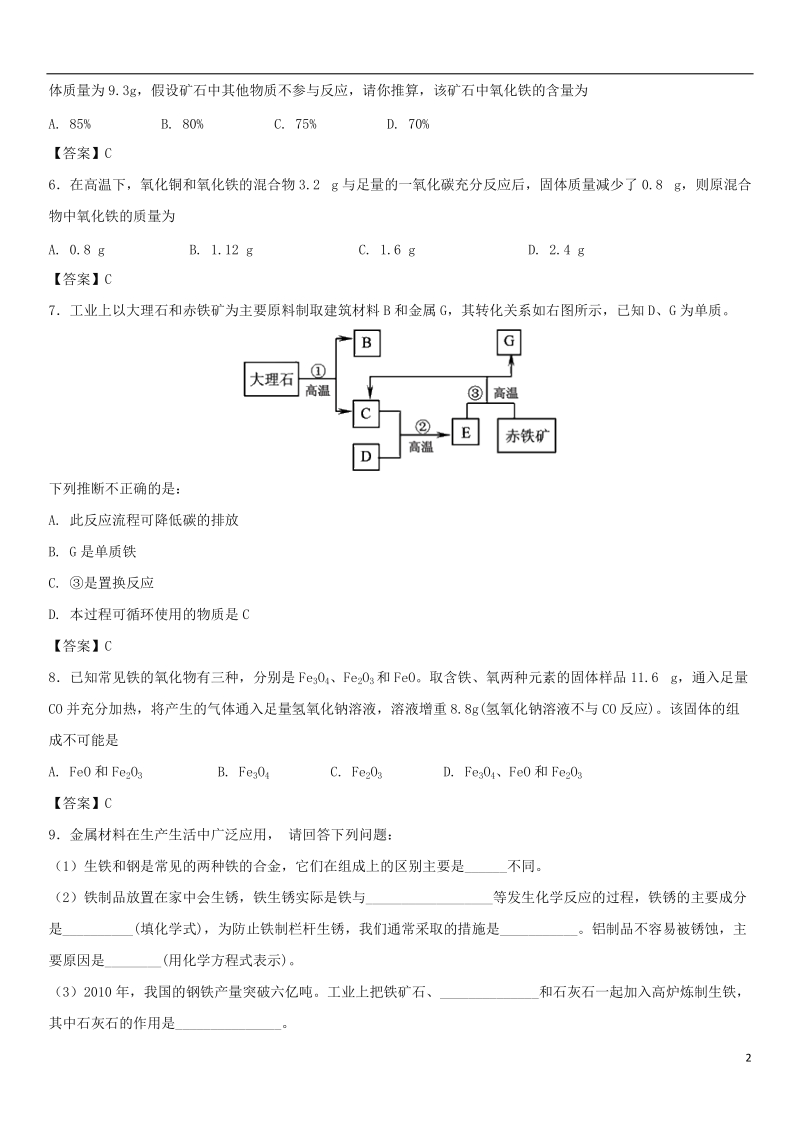 2018年中考化学重要考点 铁的冶炼练习卷.doc_第2页