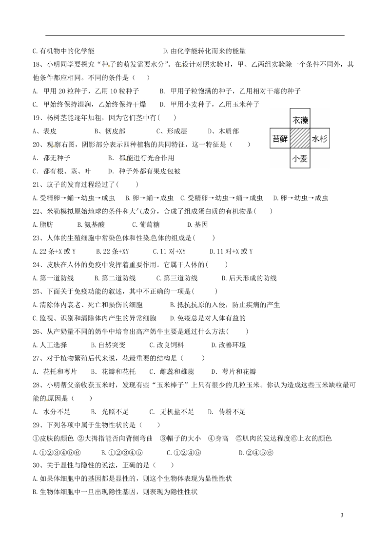 广东省阳东广雅学校2017_2018学年七年级生物下学期期中试题新人教版.doc_第3页